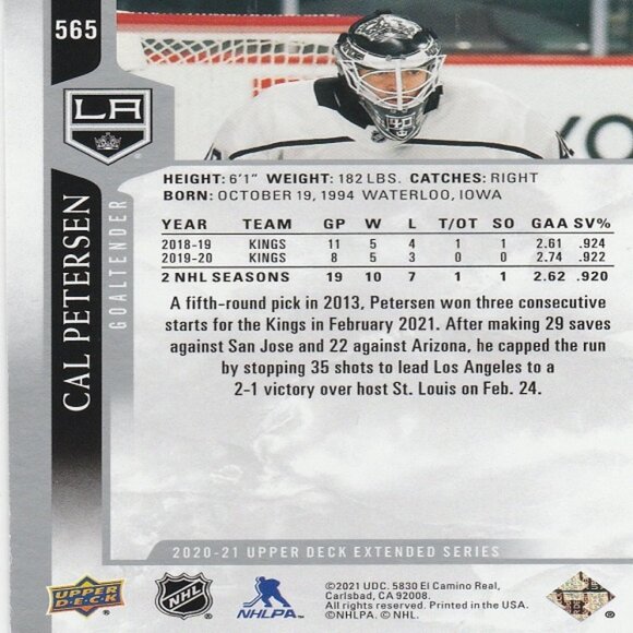 Cal Petersen - 2020/2021 Upper Deck Extended Series Hockey Card - Picture 2 of 2
